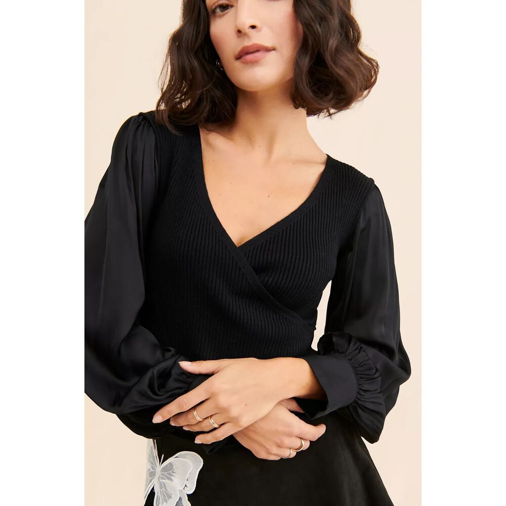 Anthropologie Twofer Faux-Wrap Sweater Black XS NEW with tags